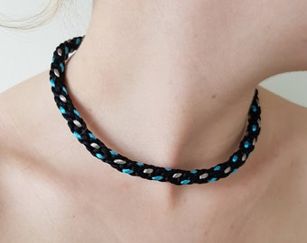 Black and Turquoise rope necklace, satin cord choker, unisex jewellery