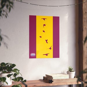 May include: A poster featuring a yellow central panel with purple side panels. Purple bird silhouettes are arranged vertically down the yellow section. The word "kallopi" is in a small white box in the lower left corner.