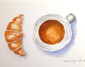 coffee and croissant watercolour kitchen wall art