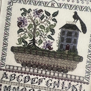 Può includere: Uno schema di punto croce con una casa, un albero e un uccello. Lo schema include l'alfabeto in bianco e nero. Lo schema è su uno sfondo bianco.