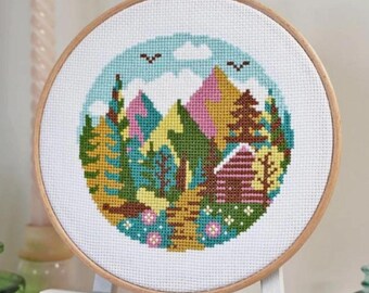 Forest Peaks Cross Stitch Pattern | Caterpillar Cross Stitch | Nature Cabin Needlework | Modern Forest Scene