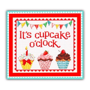 It&#39;s Cupcake O&#39;clock Cross Stitch Chart - Sue Hillis, Free Shipping and Fast Delivery, Modern Cross Stitch Pattern, Cupcake Embroidery
