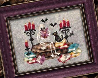 May include: Cross-stitch framed artwork featuring a skeleton reading a book, with a black cat, candles, and bats. The artwork is set on a stack of books, with a purple frame. The color palette includes red, black, white, and brown.