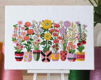 Bloom and Grow Cross Stitch Pattern | Bright Botanical Needlework | Cottage Garden Design | Caterpillar Cross Stitch
