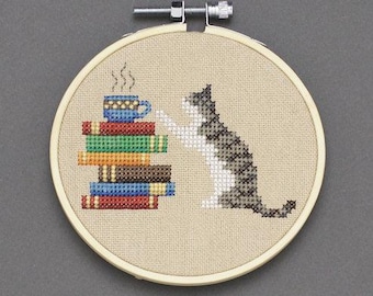 Cat, Books and Coffee - Cross Stitch Chart by Lola Crow