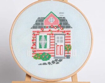 Mulberry Cottage Cross Stitch Pattern | Cottage House Cross Stitch Chart | Pink Cottage Needlework | Caterpillar Cross Stitch