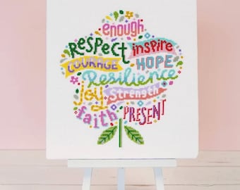 Positivity Blooms Cross Stitch Pattern | Inspirational Word Art Cross Stitch Chart | Motivational Needlework | Caterpillar Cross Stitch