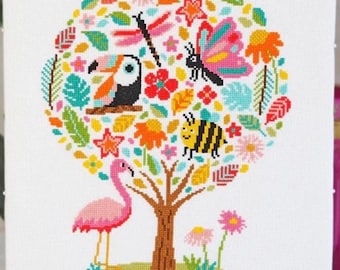 Hello Sunshine Cross Stitch Pattern | Tropical Flamingo & Toucan Chart | Bright Floral Tree Needlework | Caterpillar Cross Stitch