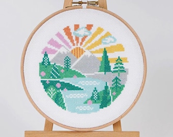 Wandering Peaks Cross Stitch Pattern | Mountain Landscape Cross Stitch Chart | Nature Hoop Art | Caterpillar cross stitch