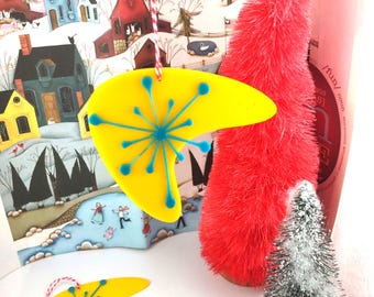 Mid Century Modern Style Yellow & Turquoise Acrylic Boomerang Shaped Retro Ornaments - Set of 2