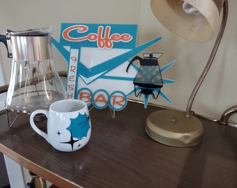 Mid Century Modern, Retro Inspired, Coffee Bar Sign, Coffee Carafe Sign, Atomic Cat, Acrylic Sign