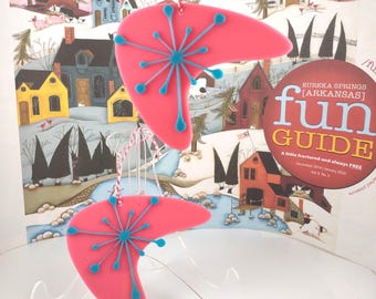 Mid Century Modern Style Pink & Turquoise Acrylic Boomerang Shaped Retro Ornaments - Set of 2