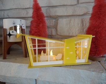 Mid Century Modern Retro Butterfly Roof House, Putz House - ( Ships Flat-Easy Assembly Required) 8 Beautiful, Vibrant Acrylic Colors