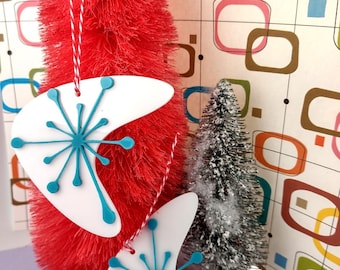 Mid Century Modern Style White & Turquoise Acrylic Boomerang Shaped Retro Ornaments - Set of 2