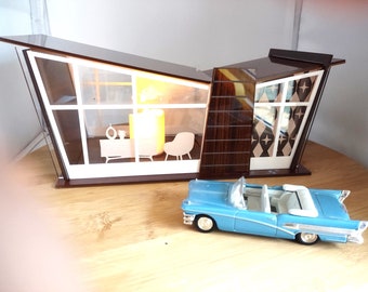 New** Mid Century Modern Retro Butterfly Roof Putz House, Mahogany Grained Acrylic (Ships Flat-Easy Assembly Required)