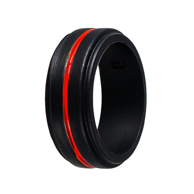Black and Red Silicone Wedding Ring Sleek Sturdy Durable and Flexible Band Grooved Red Center Tough Made for Work /& Play 8 mm