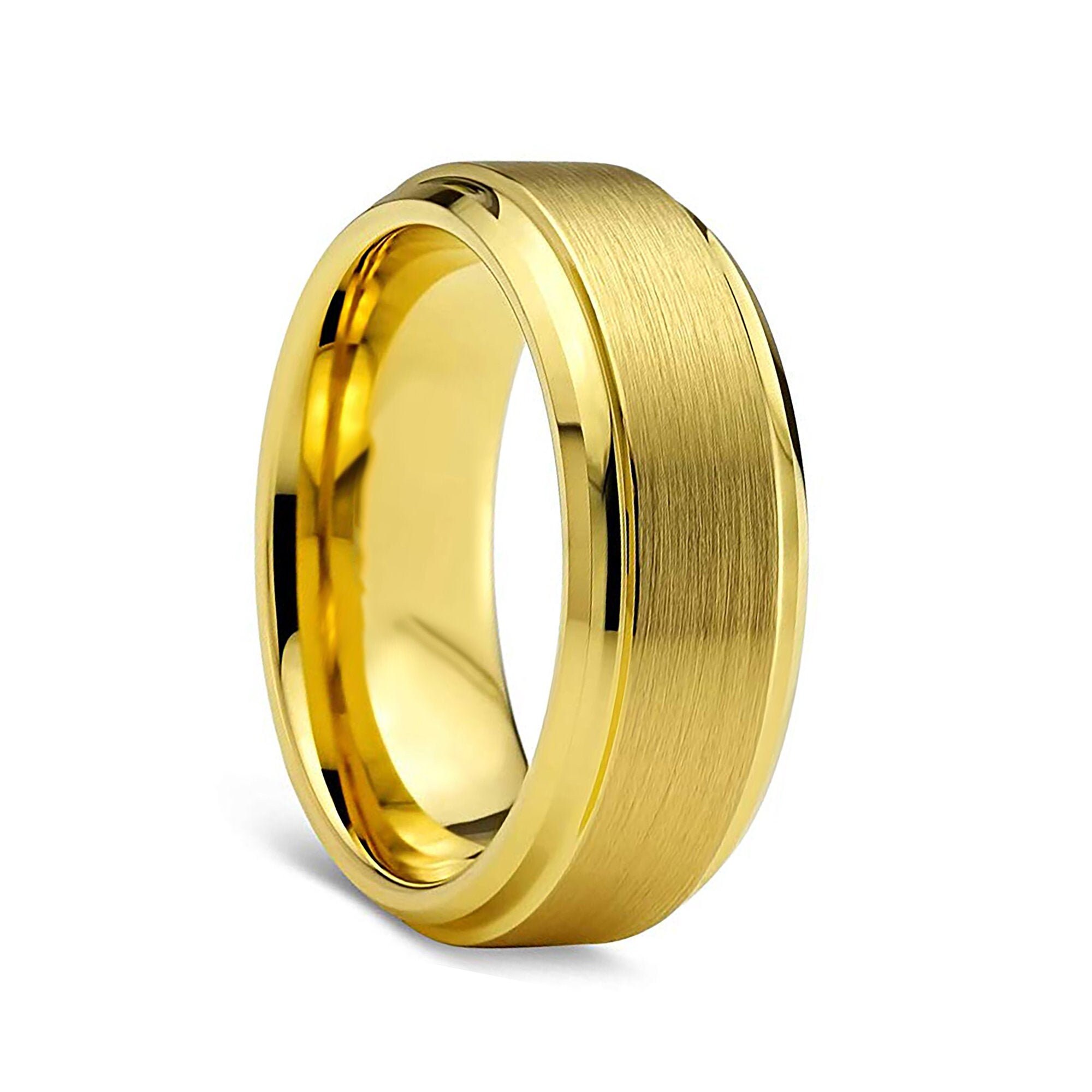 Gold Brushed Finish Tungsten Carbide Wedding Ring Polished Beveled Edge