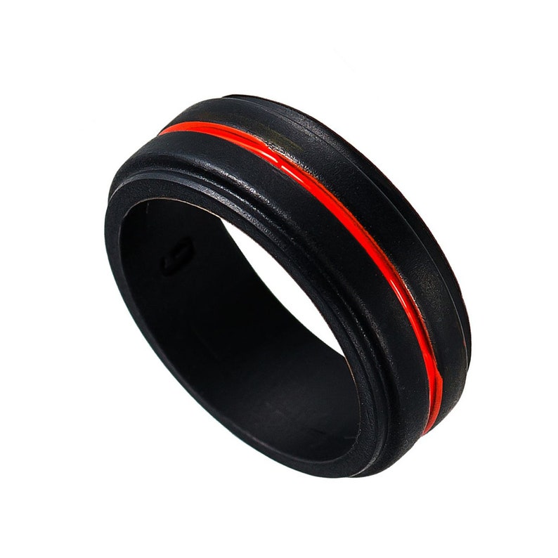 Black and Red Silicone Wedding Ring Sleek Sturdy Durable and Flexible Band Grooved Red Center Tough Made for Work /& Play 8 mm