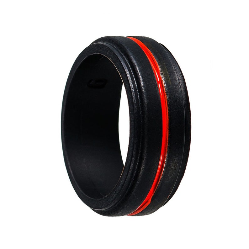 Black and Red Silicone Wedding Ring Sleek Sturdy Durable and Flexible Band Grooved Red Center Tough Made for Work /& Play 8 mm