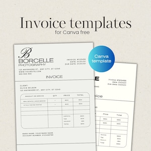 May include: Black and white invoice template for Canva. The template includes a logo, client information, product or service, quantity, price, total, subtotal, tax, discount, and total. The template also includes a bank name and account number.