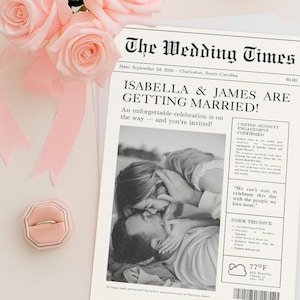 Modelo de convite de casamento em formato de jornal Canva | Cartão RSVP vintage editável e design para salvar a data para impressão