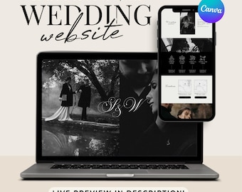 May include: A laptop and smartphone display a wedding website template. The laptop screen shows a black and white photo of a couple. The smartphone displays the website's design. Text includes "WEDDING website" and "Editable Canva Template."