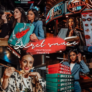Puede incluir: Un collage con mujeres disfrutando de pizza y cocina asiática. La imagen incluye cajas de pizza, letreros de neón y el texto "Secret Sauce Lightroom Presets."