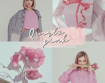 Puede incluir: Un collage de imágenes con una camisa de cuadros rosa y blanca, una caja de regalo rosa con una cinta rosa, una flor rosa y una mujer con una camisa rosa y un ramo de flores rosas. El texto "Quartz Pink Lightroom Presets" se muestra en la imagen.