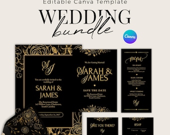 Puede incluir: Un paquete de boda en negro y dorado con invitación, guardar la fecha, menú, tarjeta RSVP e inserto de sobre. El texto incluye "WEDDING bundle", "SARAH & JAMES" y "Editable Canva Template".