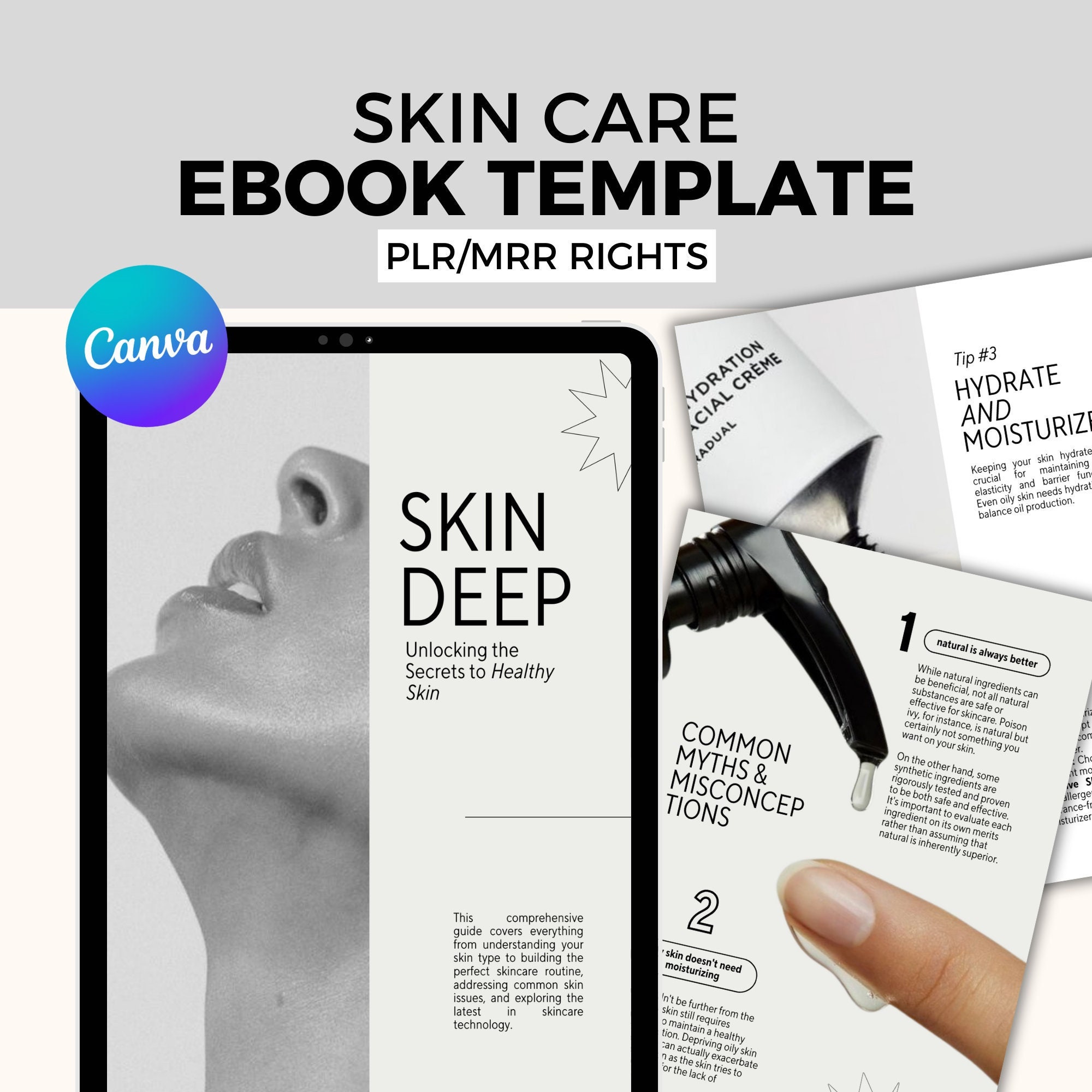 PLR Ebook Template for Canva - Skincare Guide with PLR & MRR Rights - Resell Ready Digital Download