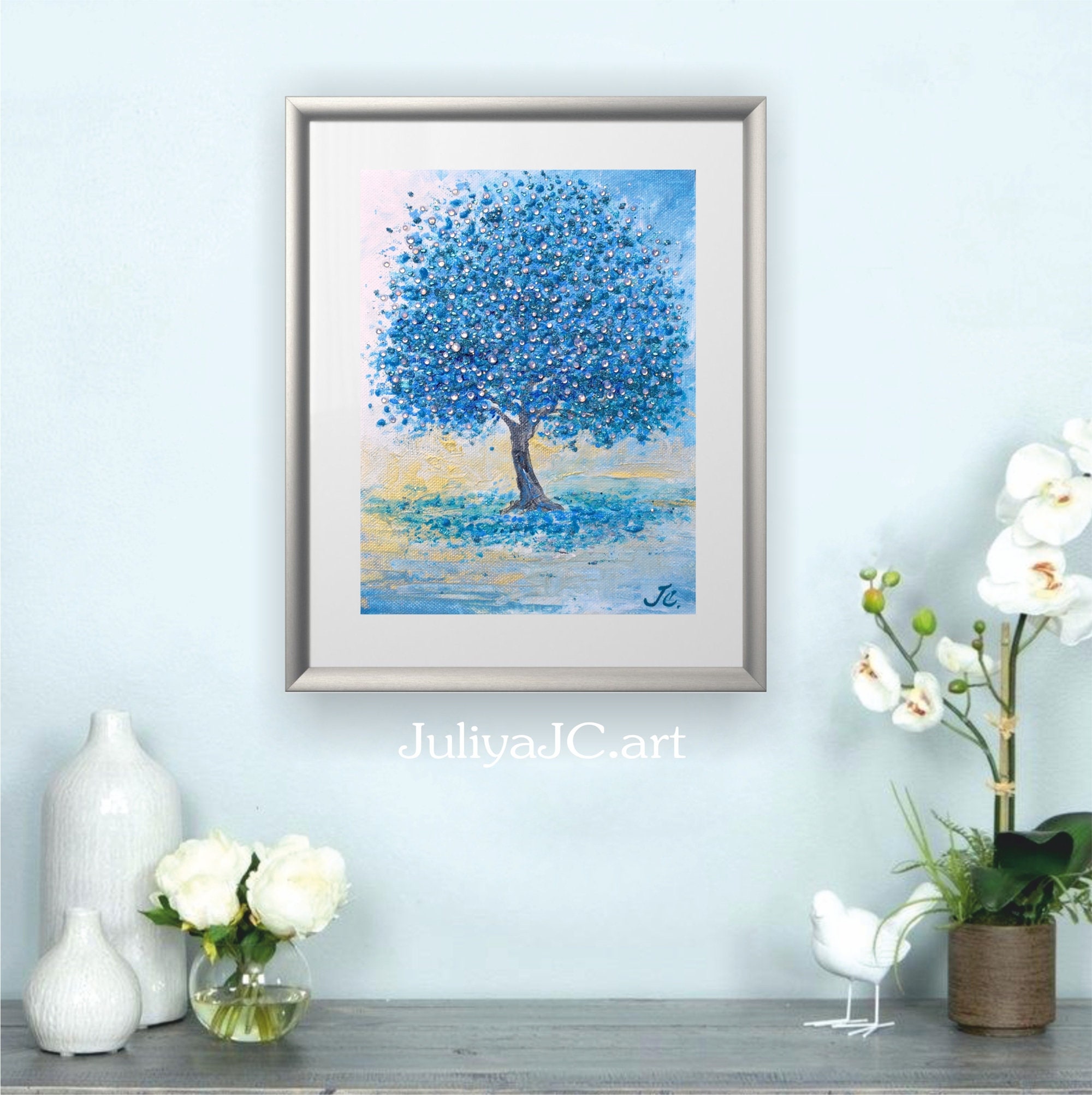 Tree Painting Original Art Blue Tree Artwork Landscape with Etsy