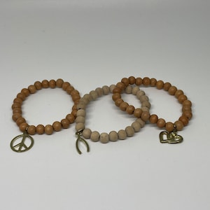 3 wooden bracelets peace sign wishbone heart