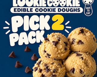May include: Three scoops of tan edible chocolate chip cookie dough on a dark blue background. The text reads LOOKIE COOKIE EDIBLE COOKIE DOUGHS, PICK 2 PACK, and a circular badge states SAFE TO EAT. Scattered dark brown chocolate chips surround the scoops.