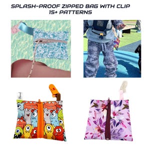 Op de afbeelding: Drie ritszakken met verschillende patronen. De eerste tas is blauw met een wit swirl-patroon. De tweede tas is oranje en geel met een monsterpatroon. De derde tas is paars met een bloemenpatroon. Alle tassen hebben een ritssluiting en een clip.