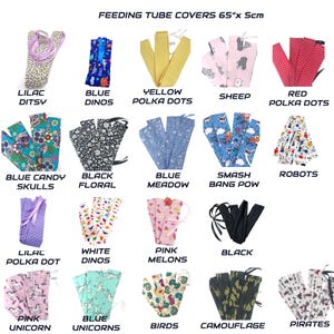 Puede incluir: Una colección de 16 cubiertas de sonda de alimentación diferentes, cada una con un diseño único. Las cubiertas miden 65 pulgadas de largo y 5 cm de ancho. Los diseños incluyen: Lila Ditsy, Dinosaurios azules, Puntos amarillos, Oveja, Puntos rojos, Calaveras azules y dulces, Floral negro, Prado azul, Smash Bang Pow, Robots, Puntos lila, Dinosaurios blancos, Melones rosas, Negro, Unicornio rosa, Unicornios azules, Pájaros, Camuflaje y Piratas.