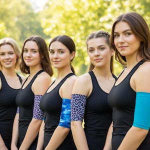Pode incluir: Cinco mulheres vestindo tops pretos e mangas de braço em vários designs. As mangas incluem uma estampa de galáxia roxa e branca, uma estampa de leopardo azul e uma cor turquesa sólida. O fundo é um parque verde desfocado.