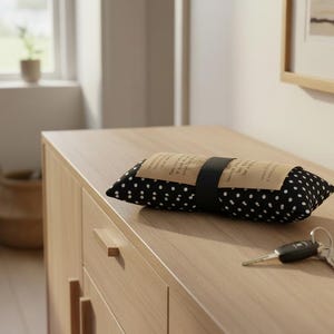 May include: A black and white polka dot pillow with a black strap and a piece of paper wrapped around it. A set of keys rests on the wooden surface. The pillow is on a wooden cabinet.