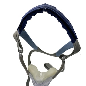 May include: A blue and gray CPAP mask headgear with a padded headband and adjustable straps.