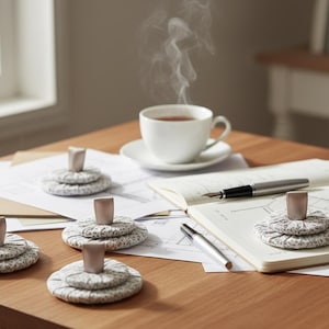 May include: A wooden table displays a cup of tea, a notebook, pens, and several decorative objects. The objects are small, stacked, circular items with a light-coloured floral pattern and a small, rectangular, light-coloured top.