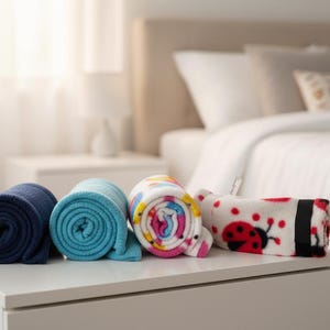 Puede incluir: Cuatro mantas enrolladas en tonos azules, una manta estampada colorida y una manta blanca con un diseño de mariquita. Las mantas se exhiben sobre una superficie blanca, con una cama en el fondo.