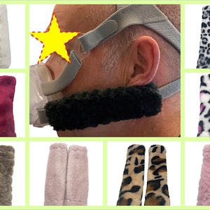 May include: A set of eight different colored and patterned head straps for a CPAP machine. The straps are made of soft, plush fabric and are designed to be comfortable to wear. The straps are shown in a variety of colors, including black, white, pink, brown, and leopard print.