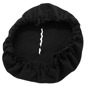 May include: Black fabric chair seat cover with a gathered edge.