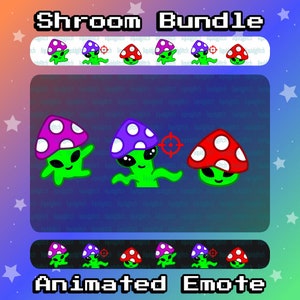 以下が含まれることがあります： エイリアンの顔をした3つの異なるキノコのキャラクターをフィーチャーしたアニメーションの絵文字セット。キノコは白点のある紫、赤、緑です。画像の上部と下部には「Shroom Bundle」と「Animated Emote」のテキストがあります。