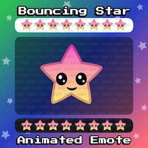 Puede incluir: Emoji animado de una estrella rosa y amarilla rebotando sobre un fondo azul y morado. La estrella tiene una cara sonriente con ojos grandes. El texto "Bouncing Star" y "Animated Emote" se muestra en fuente pixelada.