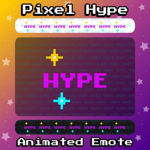 Könnte beinhalten: Animiertes Pixel-Art-Emoji mit dem Wort "HYPE" in pinken Buchstaben und einem blauen und gelben Pluszeichen auf jeder Seite. Der Hintergrund ist ein Farbverlauf von Lila und Gelb mit Sternen.