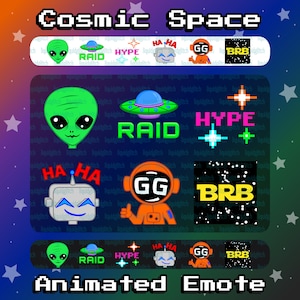 May include: Animated emojis in a cosmic space theme. The emojis include a green alien, a robot with a smiley face, a person in an orange spacesuit, and a black and white space background with stars. The text "Cosmic Space" and "Animated Emote" are also included.