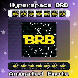 Könnte beinhalten: Animiertes Emoji mit dem Text "Hyperspace BRB" in einer pixeligen Schriftart. Das Emoji hat einen schwarzen Hintergrund mit weißen Punkten und einem gelben "BRB" in der Mitte. Das Emoji ist von einem lila und gelben Rand umgeben.