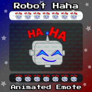 Puede incluir: Emoji de robot animado con una cara azul y blanca y el texto "HA HA" en rojo. El robot está sobre un fondo negro con un patrón de estrellas azules y rojas.