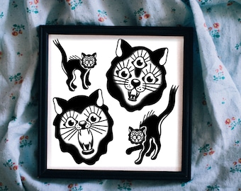 Traditional tattoo flash sheet, fine, wall art, Black cat Halloween, downloadable print