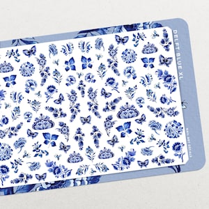 Delft Blue XL • Waterslide Nail Decal Set • Floral Ceramic & Butterfly Nail Art
